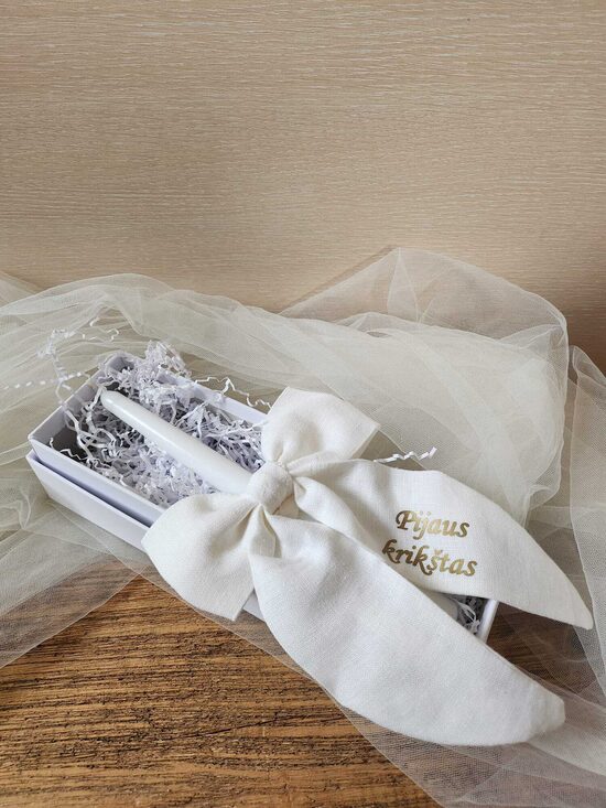 Krikšto žvakė su lininiu kaspinu ir tekstu